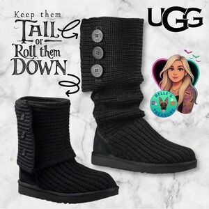 UGG Classic Cardy Knit Boot Women's 6 Black Tall‎ Short Button Y2K Bella Swan